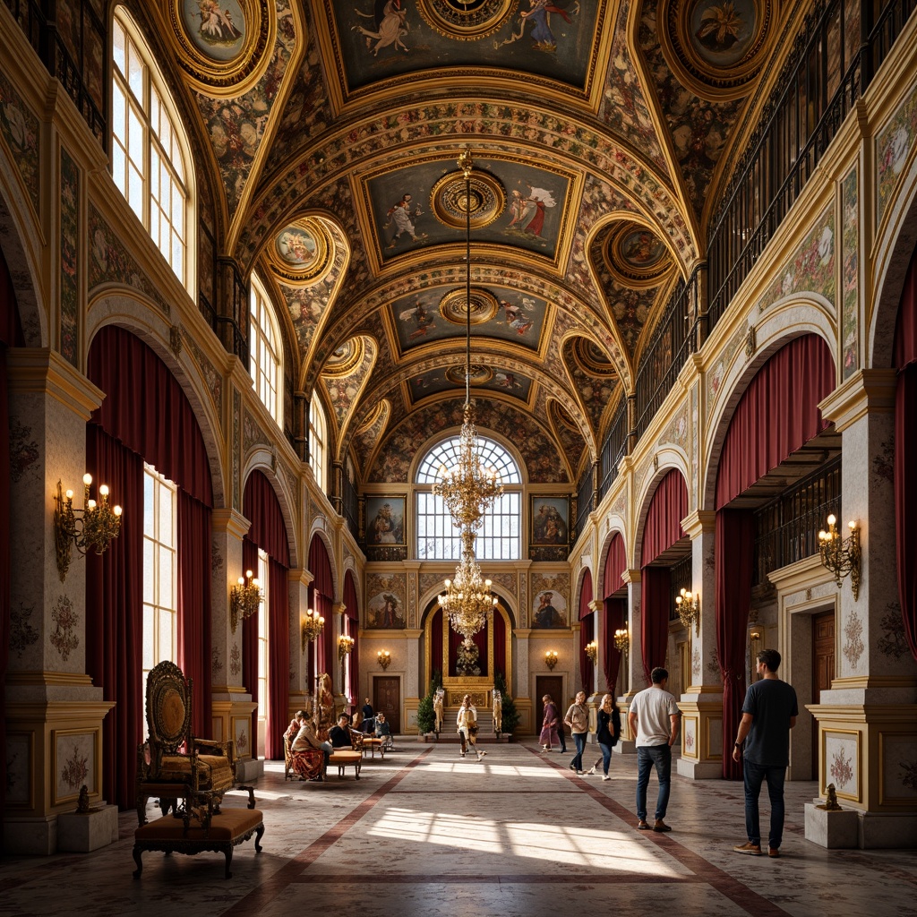 Prompt: Grand ornate interior, intricate mosaics, golden domes, vaulted ceilings, ornamental arches, lavish chandeliers, rich tapestries, luxurious fabrics, regal thrones, elegant columns, marble floors, ornate frescoes, mystical icons, warm soft lighting, atmospheric ambiance, shallow depth of field, 1/1 composition, realistic textures, ambient occlusion.