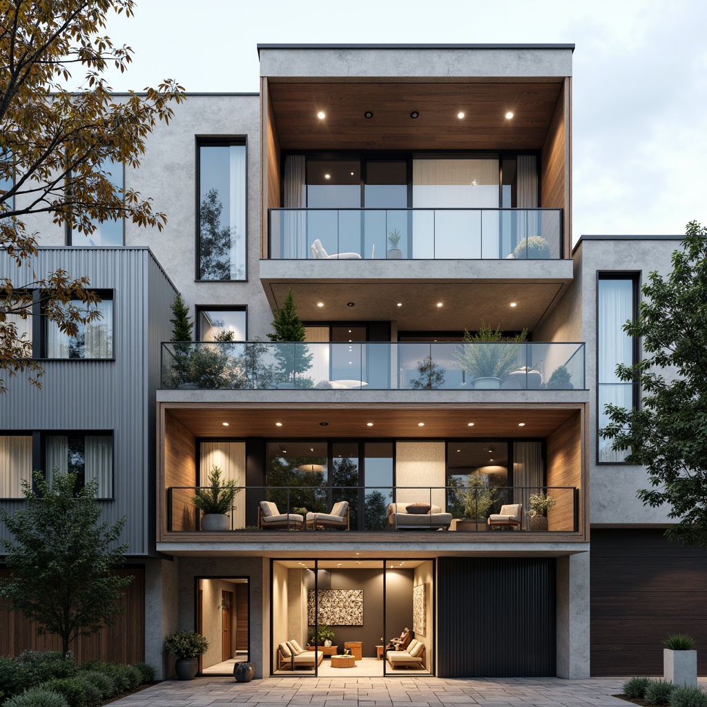 Prompt: Modern building facade, industrial chic aesthetic, exposed concrete walls, metal cladding, wooden accents, textured glass surfaces, subtle color palette, natural stone features, geometric patterned tiles, minimalist ornamentation, clean lines, urban cityscape, cloudy day, soft diffused lighting, shallow depth of field, 1/1 composition, realistic materials, ambient occlusion.