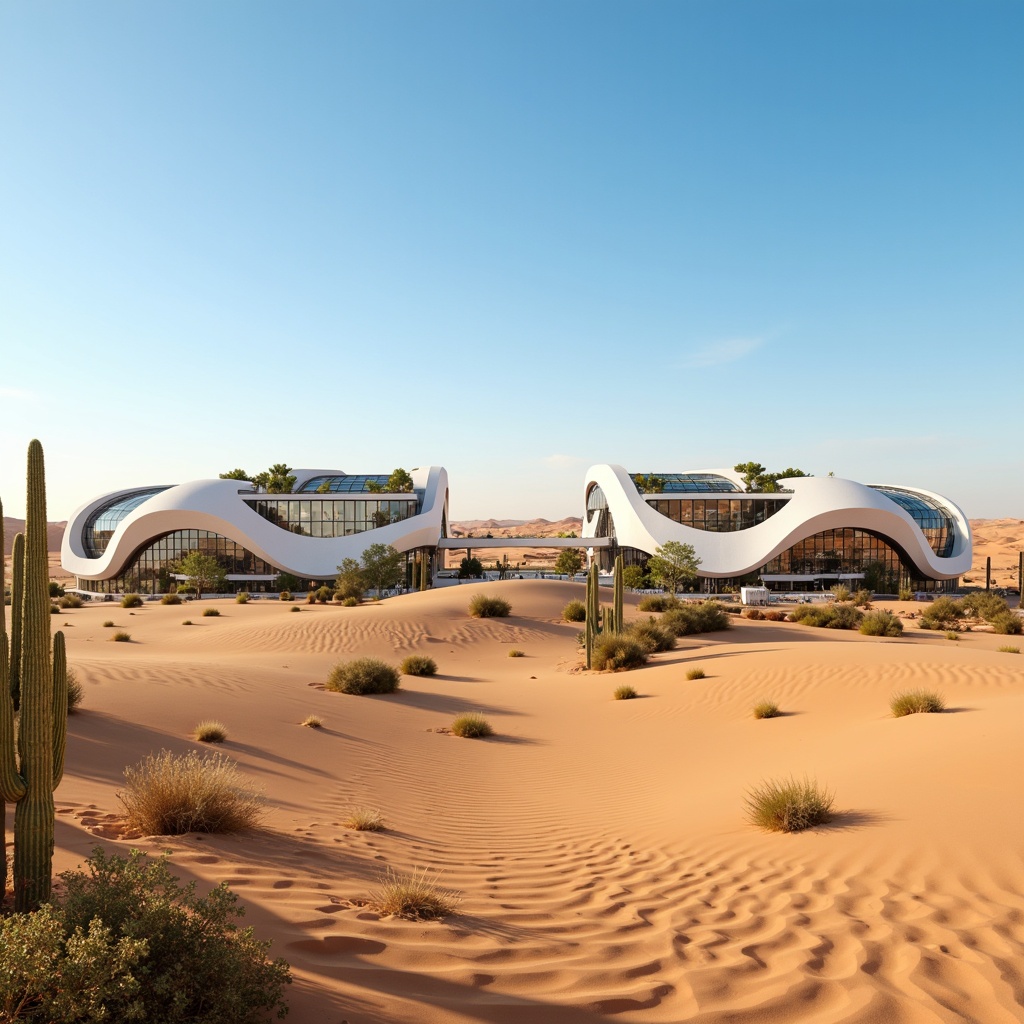 Prompt: Undulating sand dunes, cactus silhouettes, hot arid climate, clear blue sky, vast open desert landscape, curvilinear modernist architecture, streamlined buildings, rounded edges, minimalist ornate details, metallic accents, reflective glass surfaces, organic shapes, futuristic aesthetic, sustainable energy systems, solar panels, wind turbines, water conservation measures, green roofs, eco-friendly materials, innovative cooling technologies, shaded outdoor spaces, misting systems, Arabic-inspired geometric patterns, vibrant colorful textiles, intricate ornate motifs, low-angle shot, warm golden lighting, shallow depth of field, 2/3 composition.