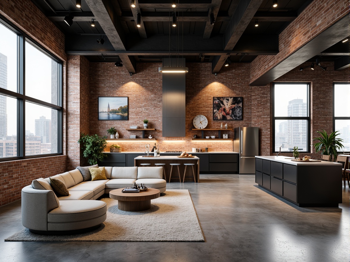 Prompt: Industrial chic loft, exposed brick walls, metal beams, polished concrete floors, modern minimalist furniture, sleek low-profile lighting, spacious open-plan living area, comfortable lounge seating, floor-to-ceiling windows, natural daylight, urban city views, functional modular kitchen, high-gloss countertops, stainless steel appliances, cozy reading nooks, plush area rugs, eclectic art pieces, industrial-chic decor, 3/4 composition, soft warm lighting, shallow depth of field, realistic textures, ambient occlusion.