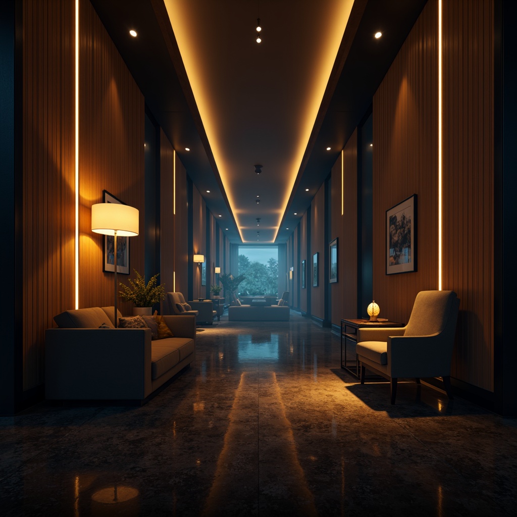 Prompt: Moody cinematic atmosphere, sleek streamline moderne architecture, dark mysterious corridors, neon accents, high-contrast lighting, warm golden tones, cool blue hues, dramatic shadows, softbox lights, LED strips, floor lamps, table lamps, pendant lights, sconces, modern minimalist decor, luxurious materials, marble floors, velvet drapes, polished metal fixtures, atmospheric fog, cinematic camera angles, low-key lighting, 1/2 composition, cinematic color grading, realistic reflections, ambient occlusion.