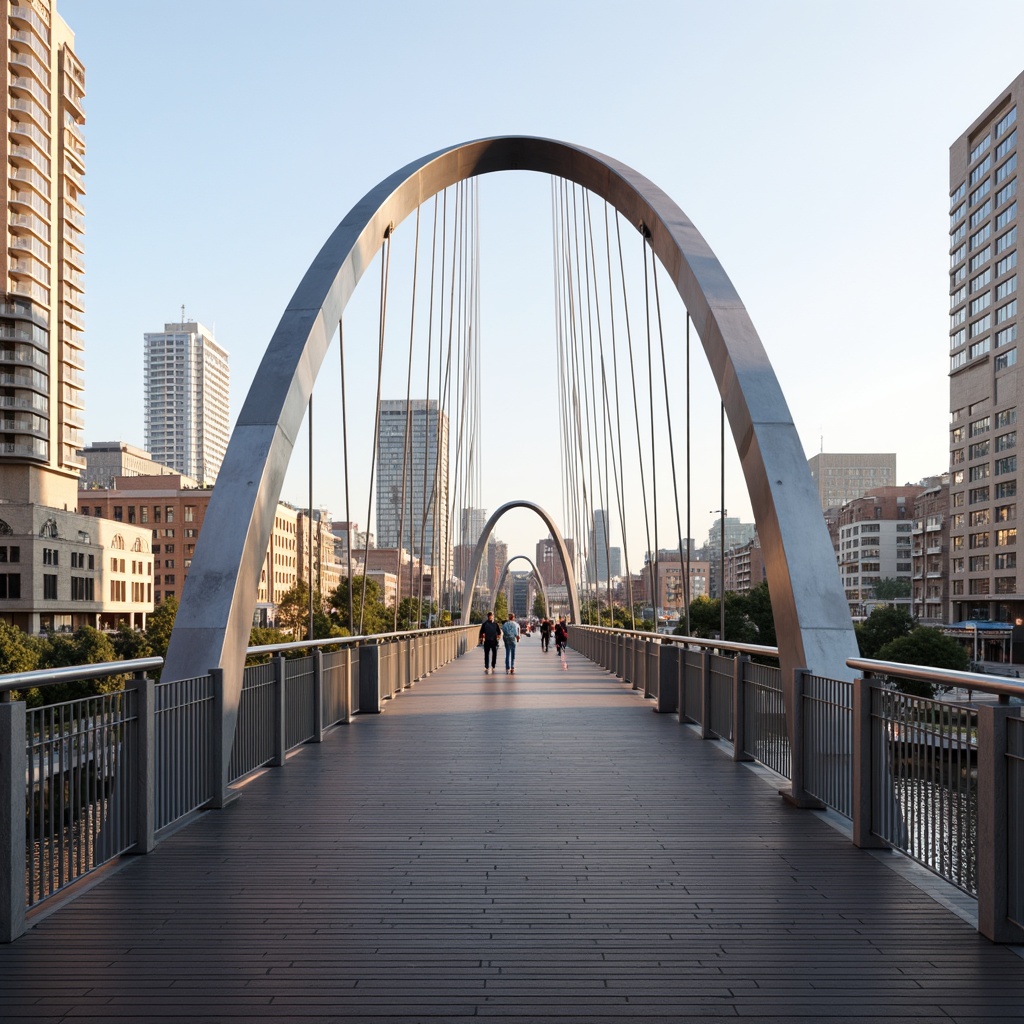 Prompt: Curved pedestrian bridge, sleek steel arches, suspension cables, wooden decking, stainless steel railings, modern urban landscape, city skyline, busy streets, morning commute, soft warm lighting, shallow depth of field, 1/2 composition, panoramic view, realistic metallic textures, ambient occlusion.