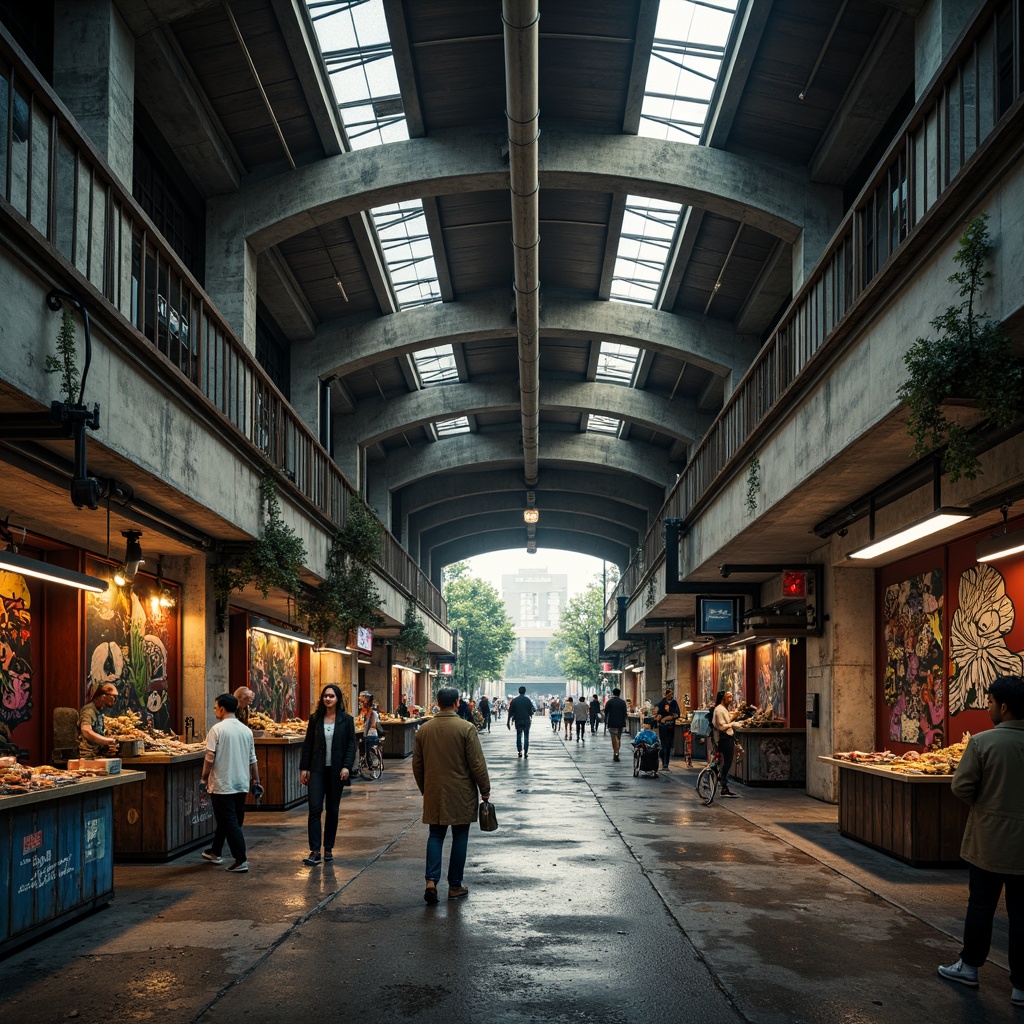 Prompt: Rugged market hall, brutalist architecture, raw concrete structures, exposed ductwork, industrial steel beams, corrugated metal roofs, functional pipes, urban renewal concept, bustling commercial activity, vibrant street art, eclectic vendor stalls, reclaimed wood accents, distressed textures, dramatic shadows, high-contrast lighting, gritty urban atmosphere, cinematic composition, moody color palette.