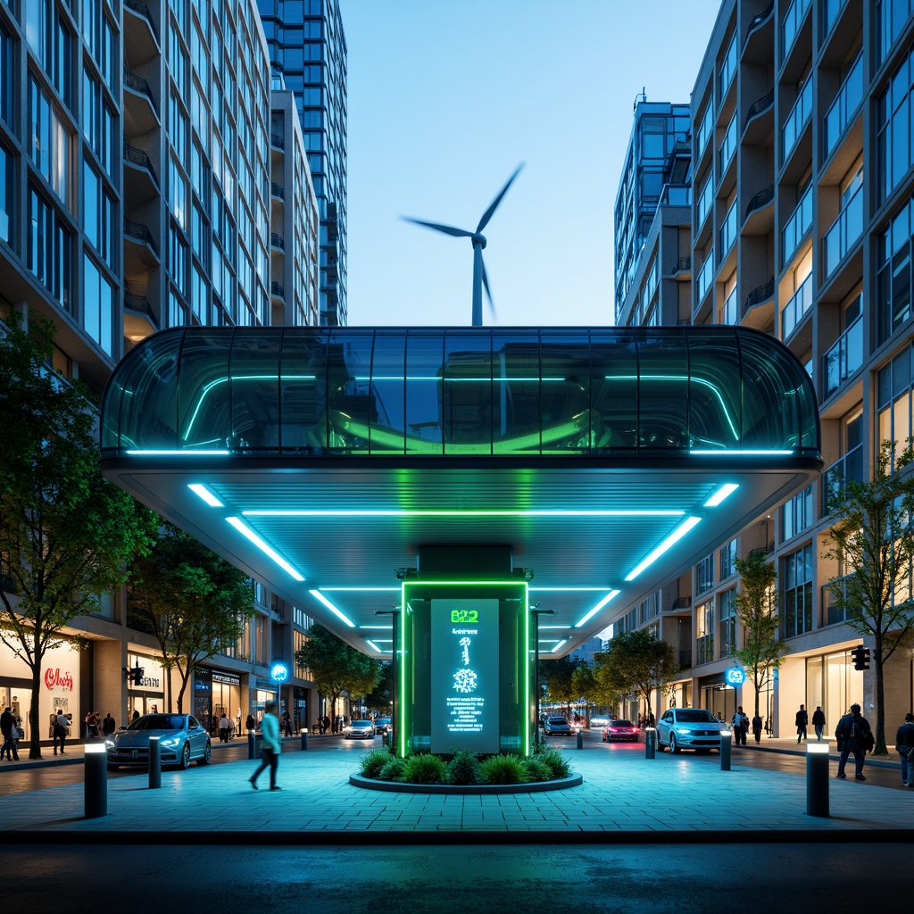 Prompt: Vibrant charging station, electric blue accents, neon green highlights, metallic silver tones, sleek modern architecture, angular lines, minimalist design, energy-efficient systems, solar panels, wind turbines, LED lighting, futuristic ambiance, urban cityscape, busy streets, dynamic movement, shallow depth of field, 1/2 composition, realistic textures, ambient occlusion.