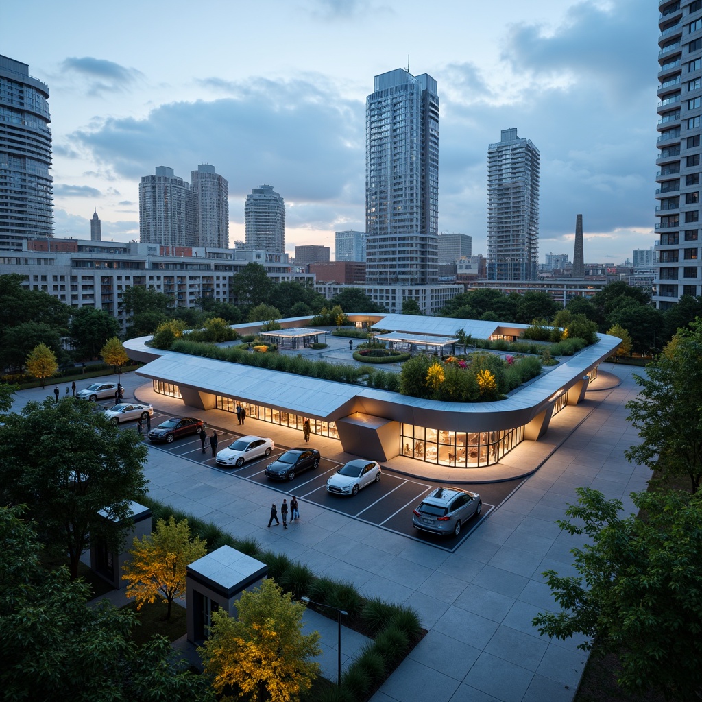 Prompt: Eco-friendly charging station, futuristic architecture, sleek metal fa\u00e7ade, solar panels, green roofs, wind turbines, energy-efficient systems, recycled materials, minimalist design, angular lines, vibrant LED lights, electric vehicle parking, urban landscape, cityscape, modern infrastructure, shallow depth of field, 3/4 composition, panoramic view, realistic textures, ambient occlusion.