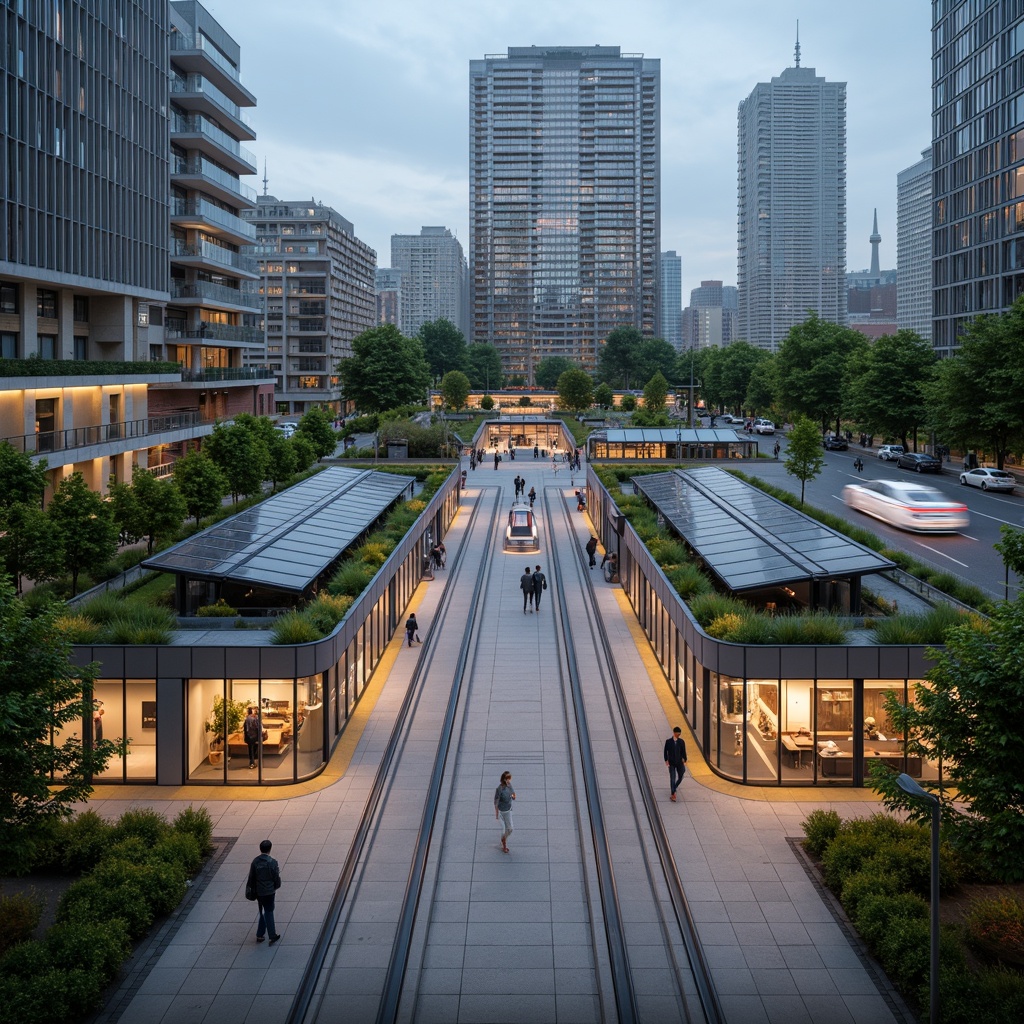 Prompt: Modern tram station, green roofs, solar panels, rainwater harvesting systems, recycled materials, energy-efficient lighting, natural ventilation, spacious platforms, minimalist design, large windows, transparent glass facades, urban connectivity, pedestrian-friendly access, bike-sharing facilities, electric vehicle charging stations, vibrant public art installations, dynamic LED lighting displays, shallow depth of field, 3/4 composition, realistic textures, ambient occlusion.