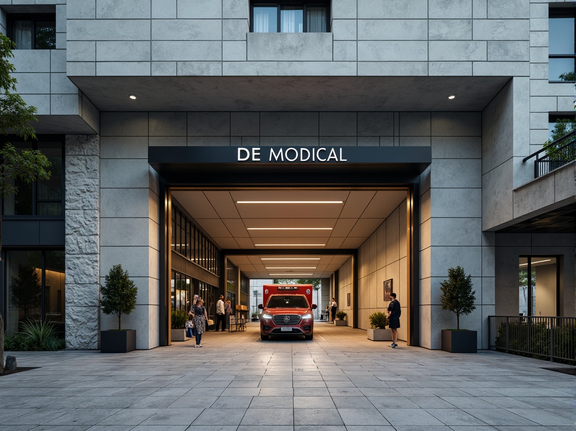 Prompt: Rugged hospital facade, constructivist architecture, geometric shapes, industrial materials, exposed ductwork, metal beams, concrete walls, minimalist decor, functional design, medical equipment, ambulance entrance, wheelchair ramps, automatic sliding doors, natural stone flooring, LED lighting systems, urban cityscape, overcast day, dramatic shadows, high-contrast colors, bold typography, 2/3 composition, symmetrical framing, realistic reflections.