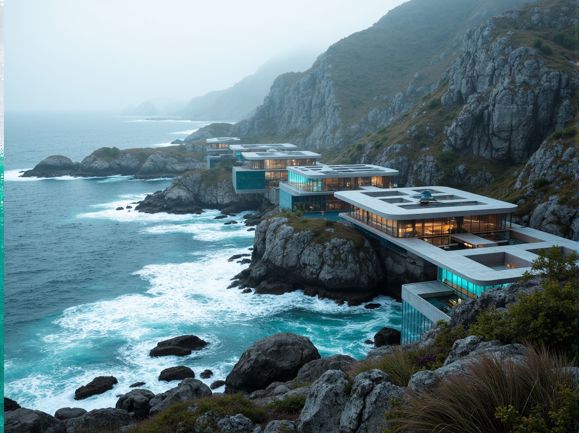 Prompt: Wave-crashing coastline, rugged rock formations, salty sea air, modern high-tech architecture, sleek metallic facades, angular lines, LED lighting strips, solar panels, wind turbines, ocean-inspired color scheme, turquoise accents, iridescent glass surfaces, minimalist design, futuristic aesthetic, dramatic overhangs, cantilevered structures, panoramic ocean views, shallow depth of field, 1/1 composition, realistic textures, ambient occlusion.