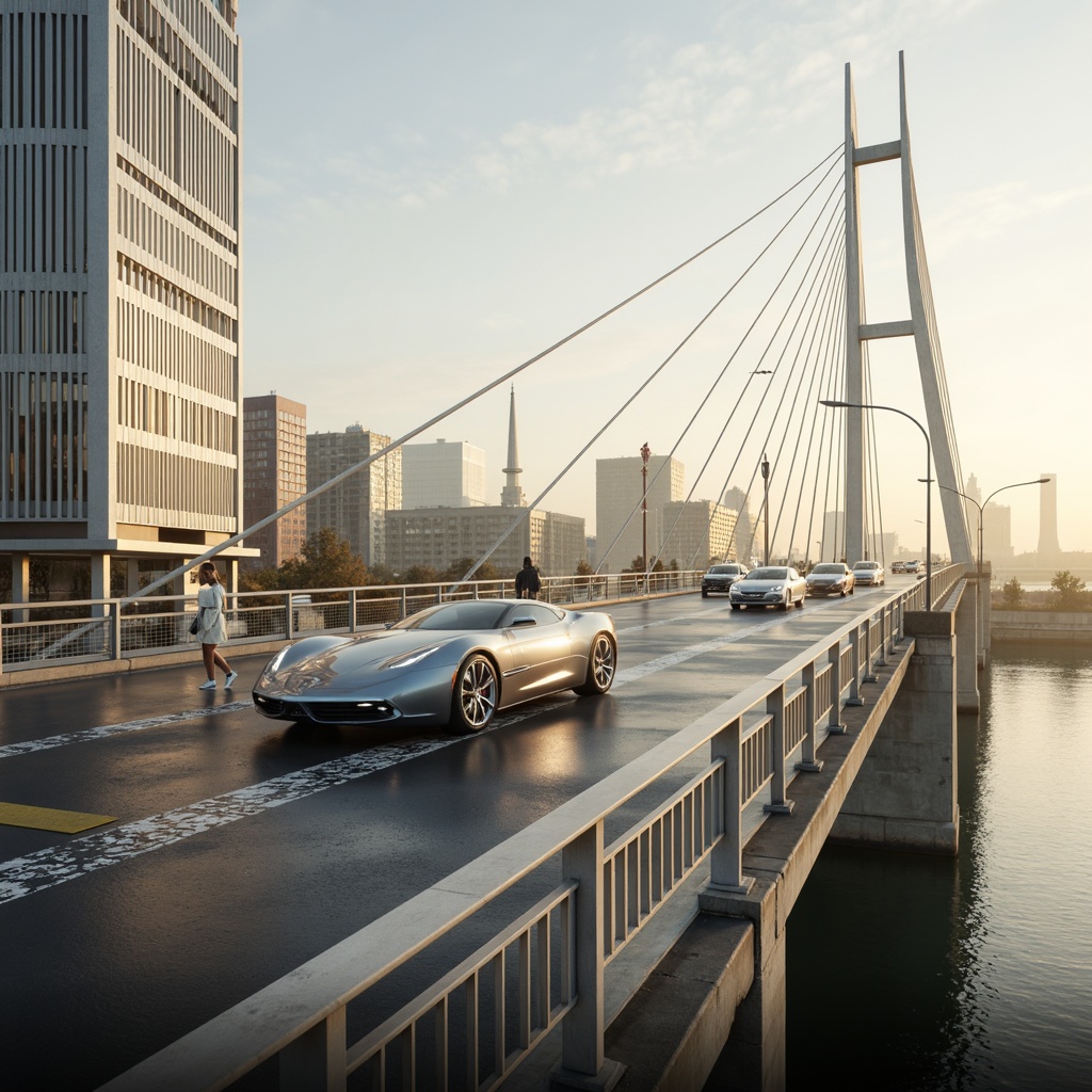 Prompt: Futuristic vehicular bridge, sleek metallic structure, suspension cables, angular piers, cantilevered sections, dynamic lighting systems, iridescent coatings, glossy concrete surfaces, aerodynamic shapes, wind-resistant design, urban cityscape, misty morning atmosphere, soft golden lighting, shallow depth of field, 1/1 composition, symmetrical view, realistic reflections, ambient occlusion.