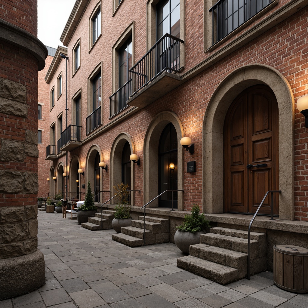 Prompt: Rustic brick buildings, ornate stonework, textured concrete walls, arched windows, grand entrances, classical architecture, earthy color palette, natural stone foundations, mortared joints, rustic wooden doors, distressed finishes, vintage hardware, ambient lighting, soft warm glow, shallow depth of field, 3/4 composition, realistic textures, detailed normal maps.