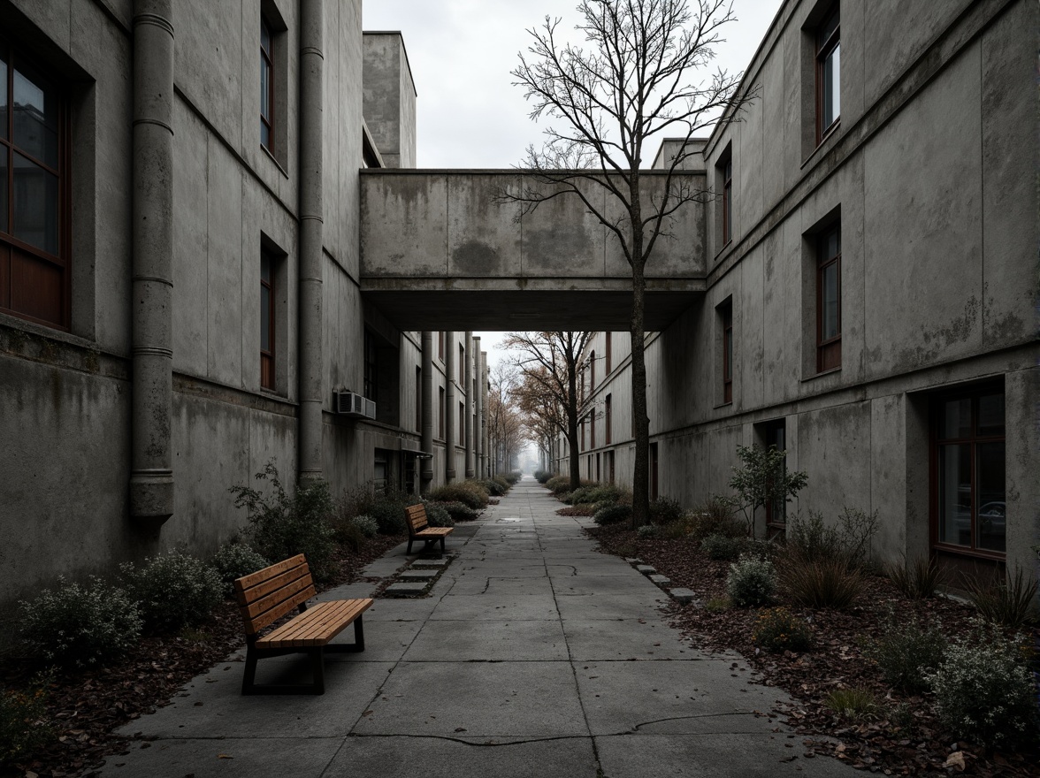 Prompt: Rugged concrete walls, brutalist architecture, industrial pipes, exposed ductwork, urban decay, overgrown vegetation, abandoned machinery, distressed textures, harsh lighting, deep shadows, 1/1 composition, cinematic framing, gritty realism, atmospheric fog, rusted metal accents, weathered wood elements, neglected park benches, cracked pavement, withered trees, gloomy atmosphere, ominous clouds, dramatic contrast, high-contrast monochrome.