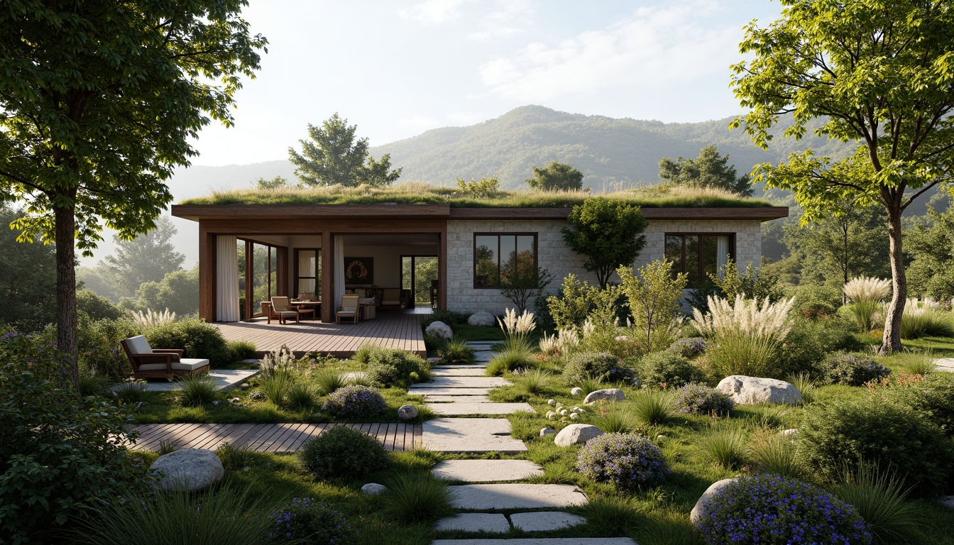 Prompt: Seamless home integration, lush green roofs, living walls, natural stone facades, wooden accents, floor-to-ceiling windows, sliding glass doors, panoramic views, organic gardens, native plant species, meandering pathways, rustic wooden decks, cozy outdoor nooks, warm ambient lighting, soft misty mornings, 1/1 composition, symmetrical balance, realistic textures, atmospheric perspective.