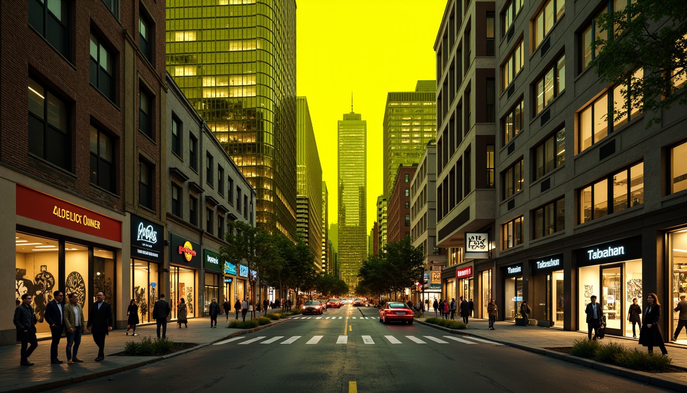 Prompt: Vibrant light yellow tone, urban cityscape, modern skyscrapers, sleek glass towers, bustling streets, busy intersections, pedestrian walkways, trendy street art, graffiti murals, eclectic storefronts, neon signs, nighttime illumination, soft warm glow, shallow depth of field, 1/1 composition, cinematic lighting, realistic textures, ambient occlusion.