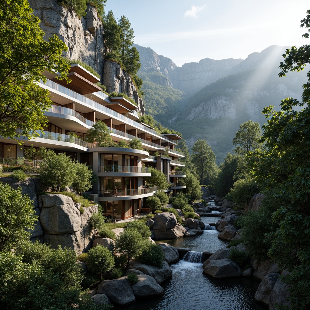 Prompt: Mountainous landscape, lush green forests, serene waterfalls, rugged rock formations, modern architecture integration, cantilevered buildings, glass balconies, wooden accents, natural stone walls, steel beams, minimalist design, large windows, sliding doors, abundant natural light, cross ventilation, green roofs, eco-friendly materials, solar panels, rainwater harvesting systems, scenic hiking trails, observation decks, panoramic views, warm afternoon sunlight, soft shadows, 3/4 composition, atmospheric perspective.