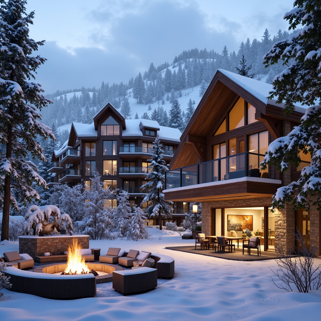 Prompt: Mountainous ski resort, wooden chalets, snow-capped roofs, cozy fireplaces, warm inviting lighting, earthy tones, rustic wood accents, natural stone walls, frosted glass windows, snowy landscapes, frozen lakes, evergreen trees, frosty mornings, soft powdery snow, misty atmosphere, warm beige colors, rich brown textures, creamy whites, icy blues, vibrant red accents, 3/4 composition, shallow depth of field, realistic textures, ambient occlusion.