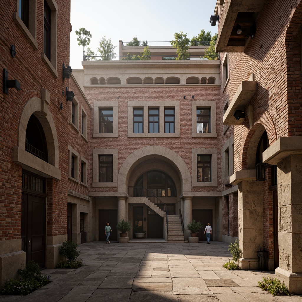 Prompt: Rustic brick buildings, textured stone walls, ornate archways, grand entranceways, imposing columns, intricate carvings, weathered patina, earthy color palette, natural light filtering, warm ambient lighting, shallow depth of field, 2/3 composition, realistic textures, ambient occlusion, urban cityscape, bustling streets, historic landmarks, ancient architectural influences.