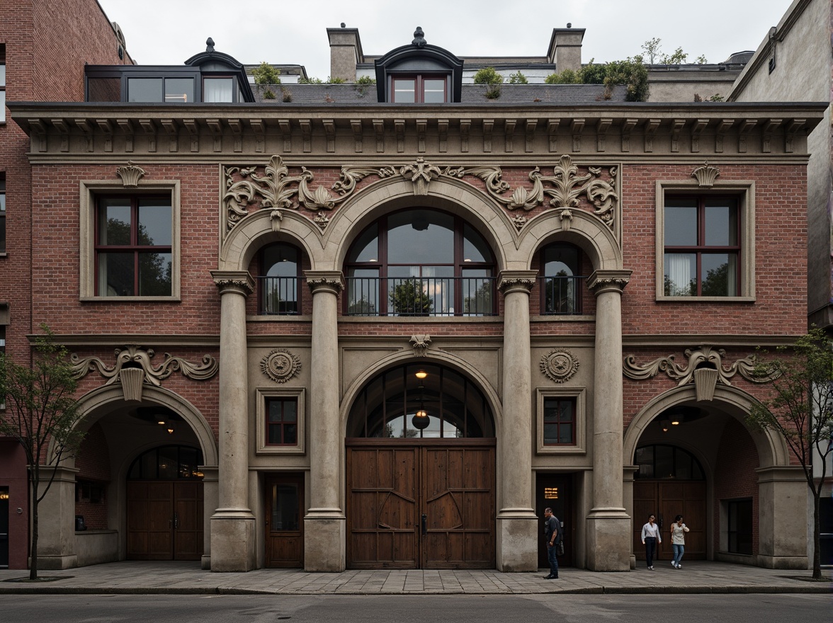 Prompt: Rustic industrial facade, exposed brick walls, ornate neoclassical columns, arched windows, decorative cornices, symmetrical composition, muted earthy tones, weathered metal accents, vintage factory equipment, distressed wooden doors, grand entranceways, imposing stone foundations, subtle gradient lighting, atmospheric misting, 1/2 composition, realistic textures, ambient occlusion.