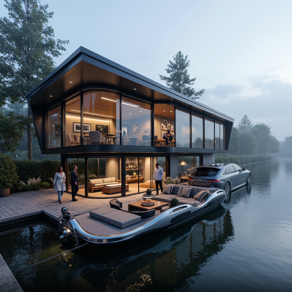 Prompt: Luxurious boathouse, high-tech style, sleek metal accents, gleaming glass surfaces, minimalist design, advanced waterproof materials, durable nautical ropes, cutting-edge LED lighting, futuristic control systems, ergonomic helm stations, premium leather upholstery, polished chrome fixtures, sophisticated navigation equipment, modernist architecture, cantilevered roofs, floor-to-ceiling windows, panoramic lake views, serene water reflections, misty morning atmosphere, soft ambient lighting, shallow depth of field, 3/4 composition.