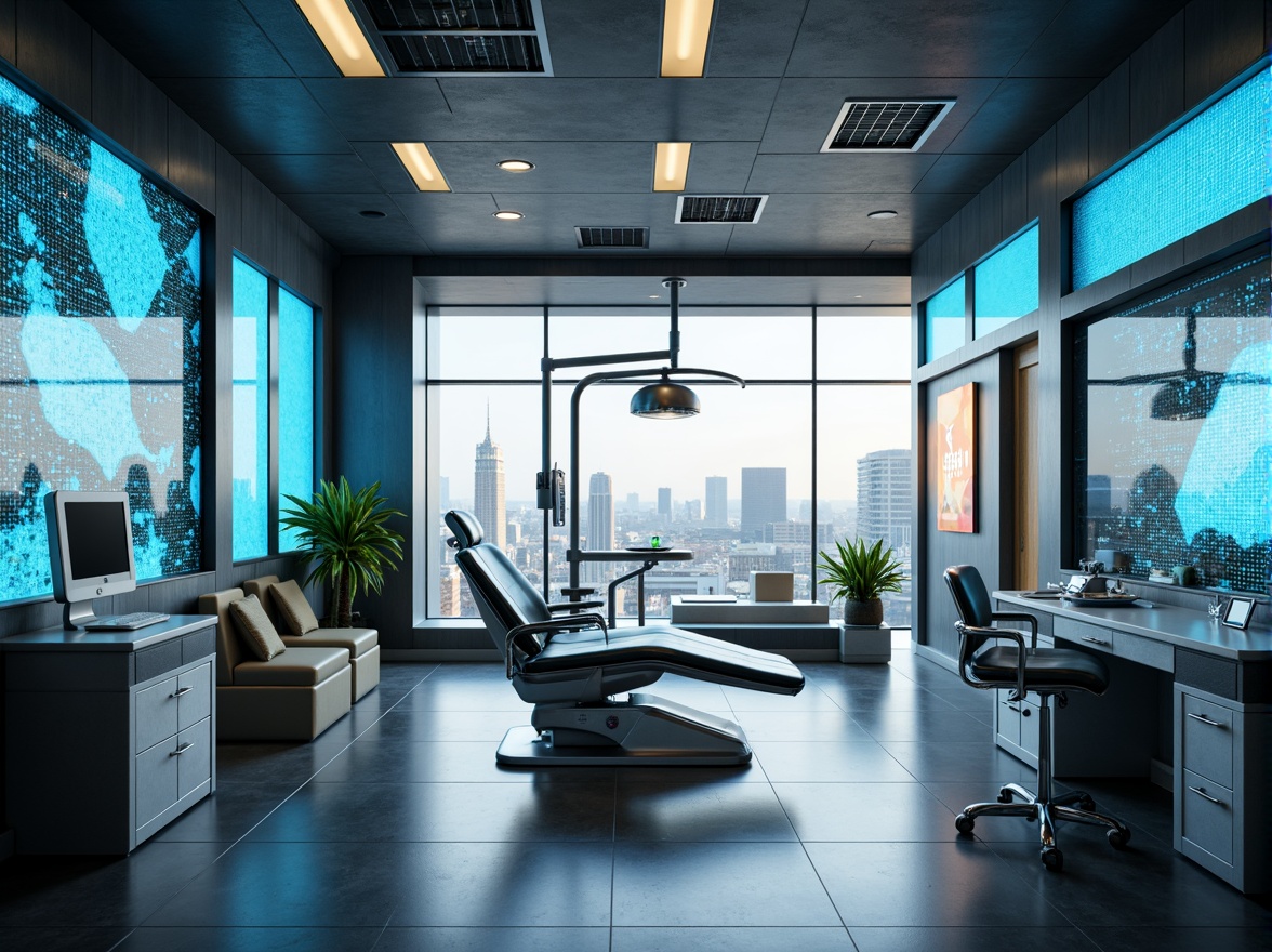 Prompt: Futuristic dental clinic, sleek metal furniture, minimalist decor, holographic displays, virtual reality relaxation areas, automated medical equipment, futuristic lighting systems, neon blue accents, high-tech sterilization units, ergonomic chairs, floor-to-ceiling windows, cityscape views, 1/1 composition, shallow depth of field, soft warm lighting, ambient occlusion, realistic textures, modern architecture, innovative materials, sustainable design, eco-friendly atmosphere, calming ambiance, serene music.