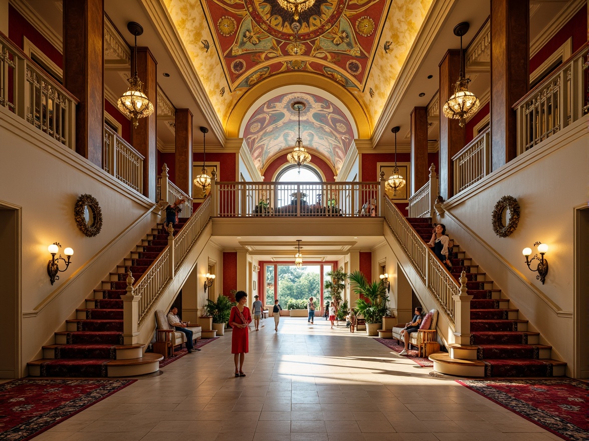 Prompt: Ornate community center, symmetrical fa\u00e7ade, grandiose entrance, sweeping arches, ornamental columns, intricately carved details, vibrant fresco ceilings, lavish chandeliers, richly patterned rugs, harmonious color palette, balanced composition, central axis of symmetry, radial balance, identical twin towers, mirrored staircases, grand staircase with ornate banisters, warm golden lighting, soft focus, shallow depth of field, 1/1 composition, classical architecture influences.