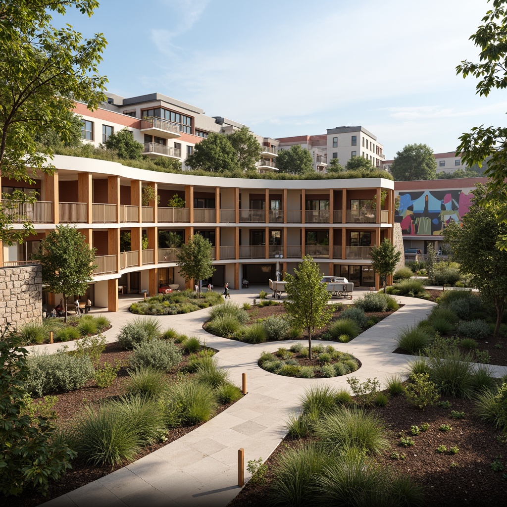 Prompt: Amphitheater social housing, curved architecture, earthy tones, natural stone walls, wooden accents, green roofs, community gardens, vibrant murals, urban landscape, warm sunny day, soft ambient lighting, 3/4 composition, shallow depth of field, realistic textures, ambient occlusion.