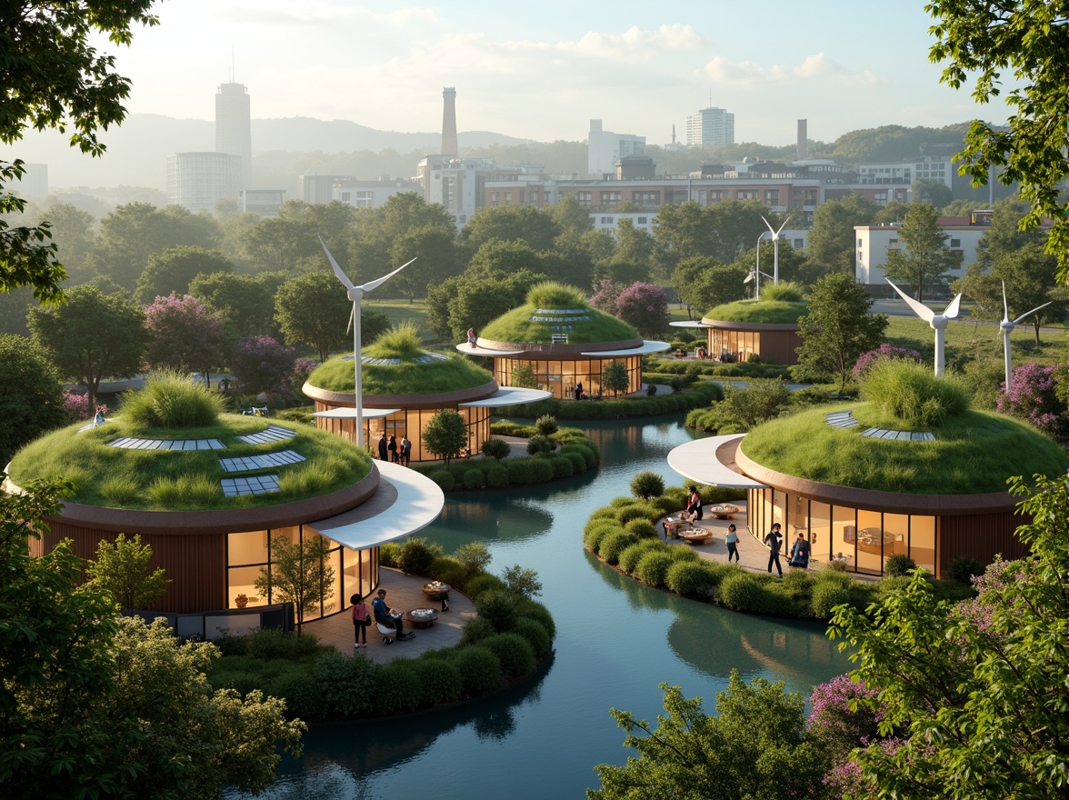 Prompt: Eco-friendly blob-shaped buildings, green roofs, solar panels, wind turbines, water conservation systems, recycled materials, natural ventilation, minimal carbon footprint, futuristic architecture, organic curves, bioluminescent lighting, ambient occlusion, 3/4 composition, panoramic view, realistic textures, soft warm glow, serene atmosphere, lush surrounding landscape, vibrant flowers, educational signs, sustainable urban planning.