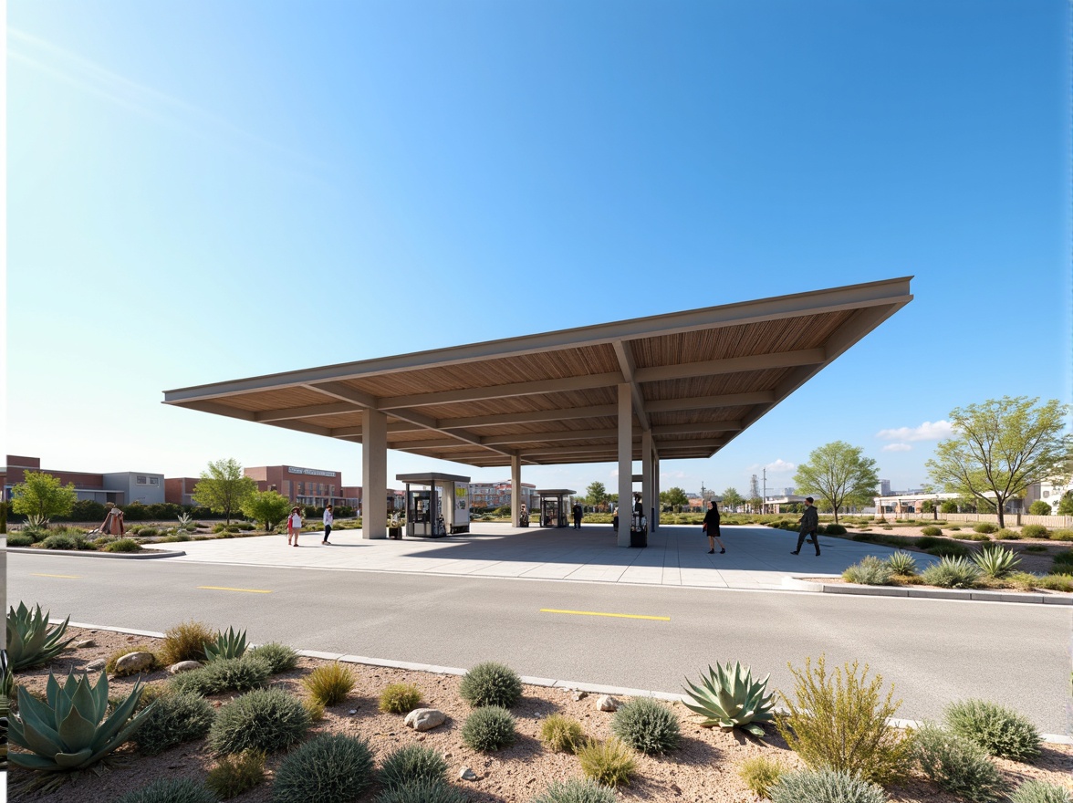 Prompt: Modern gas station, sleek metal canopy, LED lighting system, solar panels, green roofs, energy-efficient pumps, recycling facilities, rainwater harvesting systems, permeable pavement, drought-resistant landscaping, desert-inspired cacti, hot sunny day, clear blue sky, vast open space, minimalist design, angular lines, innovative cooling technologies, shaded outdoor spaces, misting systems, eco-friendly materials, futuristic architecture, sustainable energy solutions, 3/4 composition, panoramic view, realistic textures, ambient occlusion.