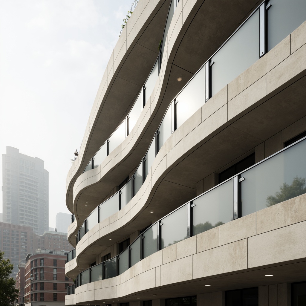 Prompt: Monochromatic modern facade, curved lines, minimal ornamentation, sleek metallic accents, polished chrome details, frosted glass railings, neutral color palette, soft beige tones, creamy whites, dark charcoal grays, industrial materials, urban cityscape, morning mist, subtle fog effect, shallow depth of field, 1/2 composition, realistic reflections, ambient occlusion.