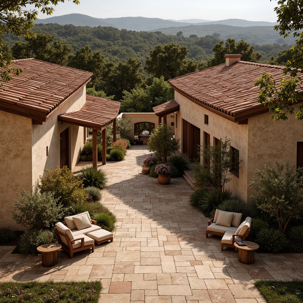 Prompt: Curved rooflines, undulating tiles, earthy terracotta colors, rustic wooden beams, natural stone walls, regionalist architecture, Mediterranean villa inspiration, sun-kissed landscape, rolling hills, olive groves, warm afternoon light, soft shadows, 1/1 composition, shallow depth of field, realistic textures, ambient occlusion.