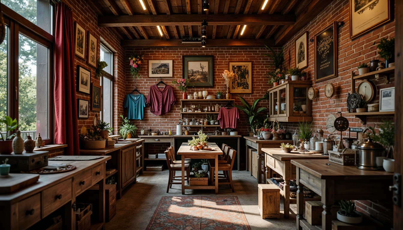 Prompt: Vibrant artisanal workshop, exposed brick walls, reclaimed wood accents, eclectic vintage decor, rich jewel-toned fabrics, ornate metal fixtures, warm golden lighting, soft focus, 3/4 composition, intimate atmospheric setting, detailed textures, subtle grain effect.