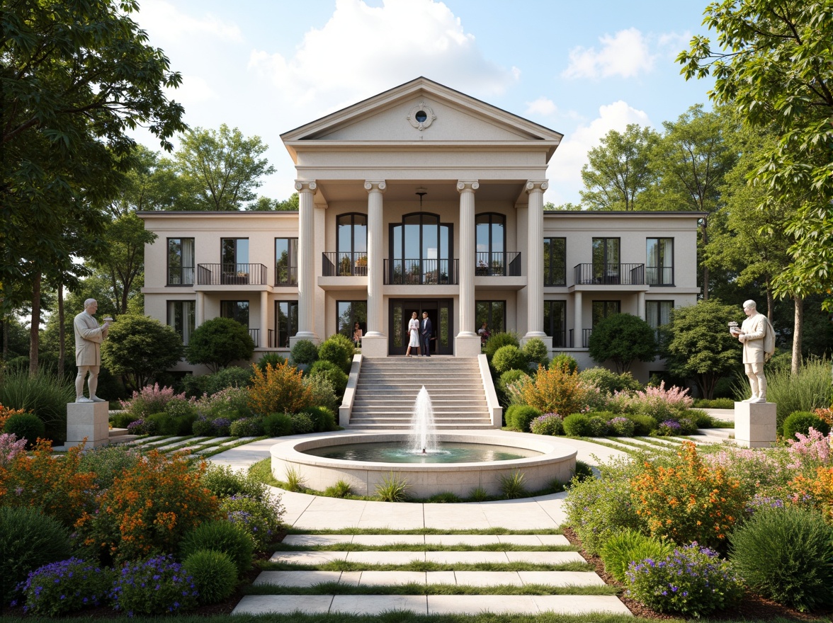 Prompt: Elegant neoclassical mansion, symmetrical fa\u00e7ade, ornate details, grand entrance, sweeping staircases, marble floors, crystal chandeliers, lush greenery, manicured lawns, serene ponds, walking paths, scenic vistas, classical statues, romantic fountains, vibrant flowers, sunny afternoon, soft warm lighting, 1/1 composition, shallow depth of field, realistic textures, ambient occlusion.