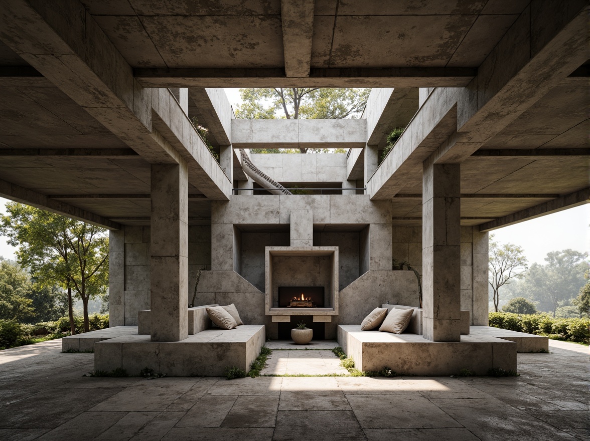 Prompt: Rugged pavilion, brutalist architecture, raw concrete forms, exposed ductwork, industrial pipes, weathered steel beams, cantilevered roofs, irregular shapes, fragmented structures, bold geometric patterns, monochromatic color scheme, muted earth tones, natural light pouring in, dramatic shadows, high-contrast lighting, 1/2 composition, wide-angle lens, gritty textures, ambient occlusion.Let me know if you need any adjustments!