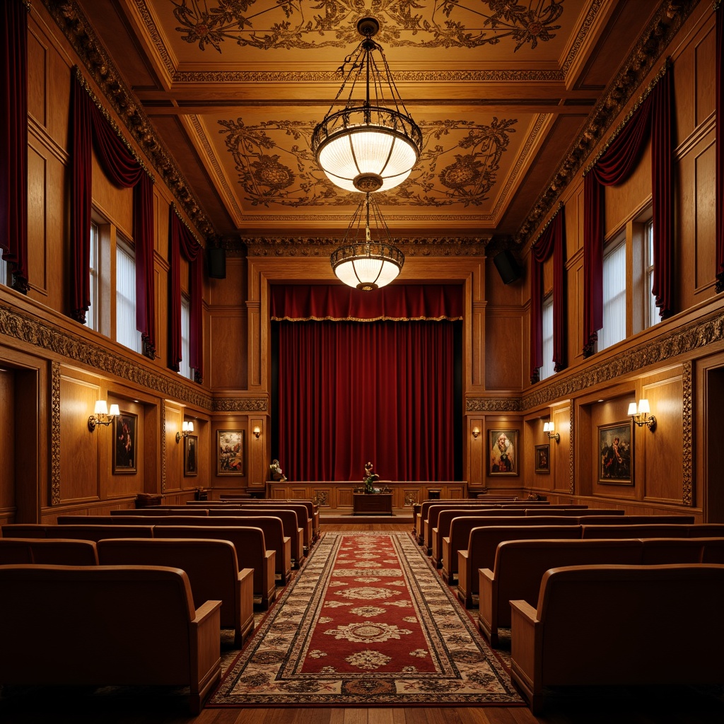 Prompt: Intimate auditorium, rich wood tones, ornate carvings, velvet curtains, plush seating, regional cultural patterns, earthy color palette, warm ambient lighting, shallow depth of field, 2/3 composition, soft focus, natural textures, subtle reflections, wooden paneling, stone walls, rustic charm, cozy atmosphere, warm golden lighting, grand chandeliers, intricate ceiling details, acoustic panels, soundproofing materials, optimal seating arrangements.