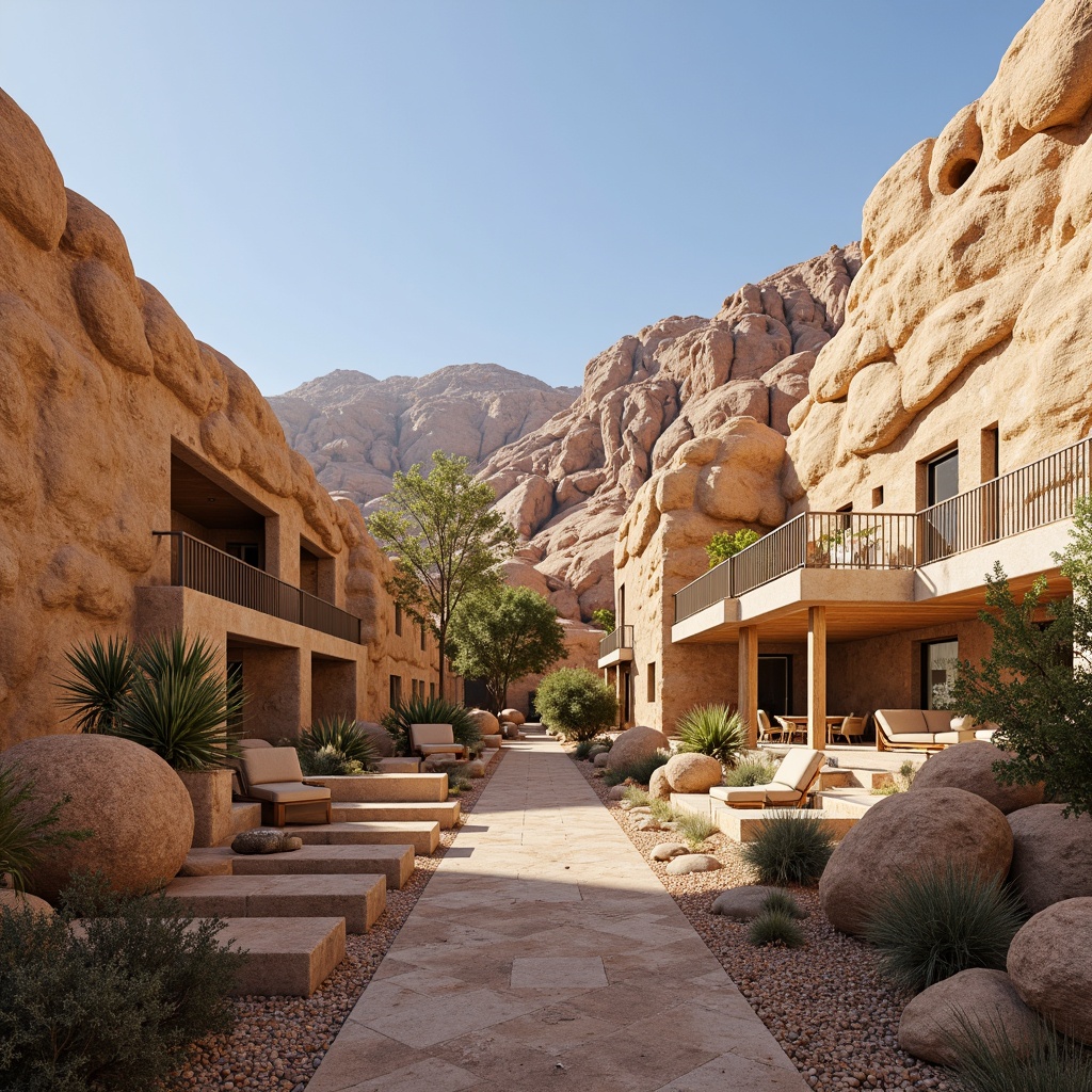 Prompt: Rustic canyon homes, natural sandstone walls, earthy tones, weathered textures, organic forms, desert landscape, rocky outcroppings, cacti plants, vast open skies, warm sunny days, soft golden lighting, shallow depth of field, 3/4 composition, panoramic views, realistic rock formations, ambient occlusion.