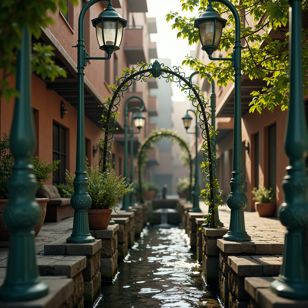 Prompt: Intricate ironwork, ornate lamp posts, flowing organic lines, curved arches, decorative railings, sinuous metal balusters, vibrant green patina, rustic stone foundations, gentle water flow, soft misty atmosphere, warm golden lighting, shallow depth of field, 1/1 composition, symmetrical framing, highly detailed textures, ambient occlusion.