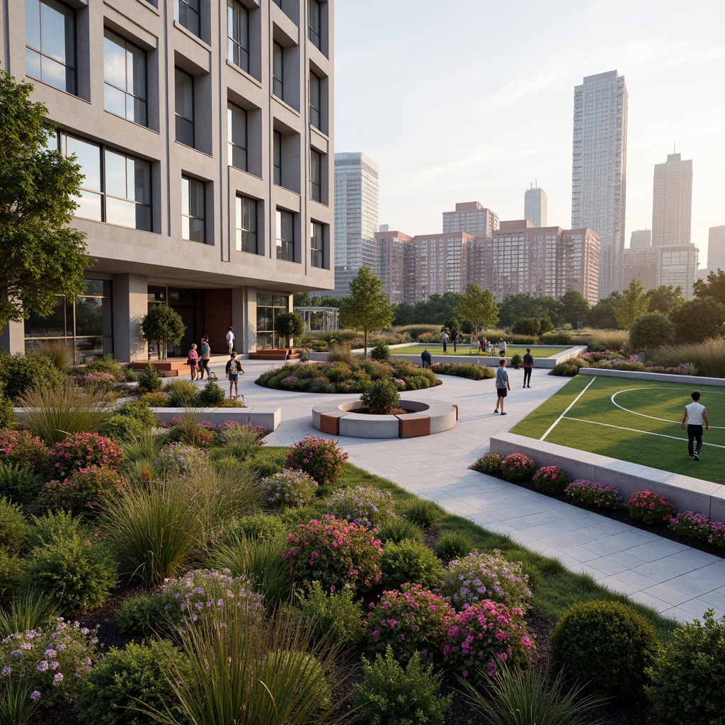 Prompt: Modern fitness club, sleek metal buildings, large windows, natural stone exterior, lush greenery, vibrant flowers, outdoor exercise areas, athletic tracks, sports fields, shading canopies, misting systems, ambient lighting, 3/4 composition, realistic textures, urban landscape, cityscape backdrop, morning sunlight, soft warm glow, shallow depth of field, panoramic view.