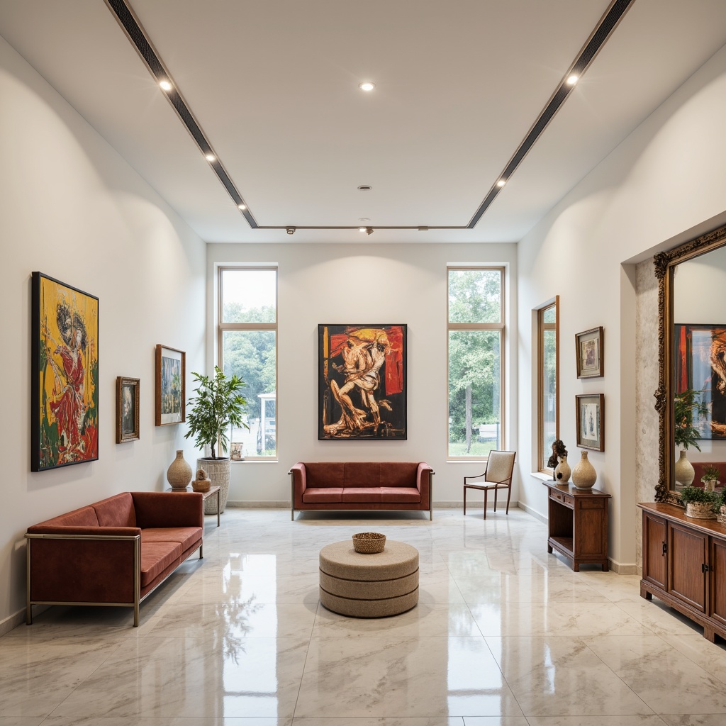 Prompt: Elegant art gallery, high ceilings, polished marble floors, white walls, track lighting, modern minimalist decor, sleek metal frames, vibrant artwork, abstract sculptures, ornate mirrors, plush velvet sofas, rich wood accents, subtle color palette, warm intimate ambiance, 1/2 composition, softbox lighting, shallow depth of field, realistic textures.