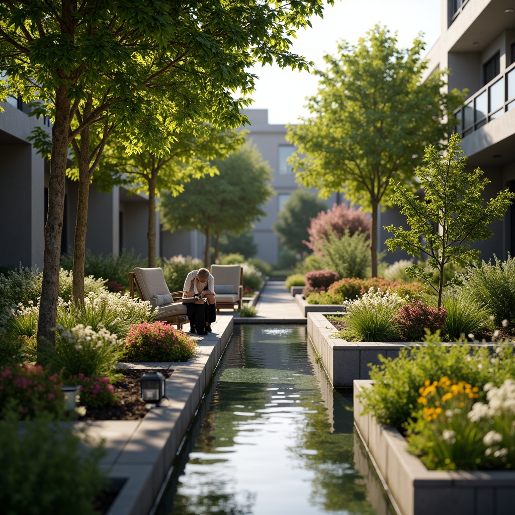 Prompt: Lush greenery, vibrant flowers, serene water features, natural stone pathways, meandering walkways, ornamental trees, colorful blooming gardens, modern outdoor furniture, sleek metal railings, ambient outdoor lighting, warm sunny day, shallow depth of field, 3/4 composition, panoramic view, realistic textures, subtle color grading.