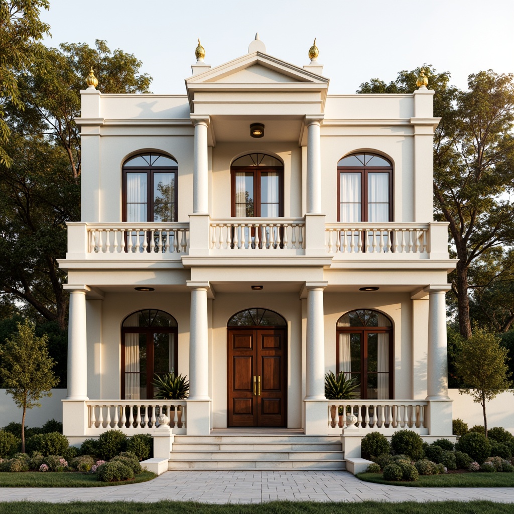 Prompt: Elegant residential facade, classical columns, ornate balustrades, symmetrical composition, neutral color palette, cream-colored stone walls, decorative cornices, ornamental roof finials, grand entranceways, wooden double doors, bronze door handles, subtle arched windows, soft afternoon sunlight, warm golden lighting, 1/2 composition, realistic textures, ambient occlusion.Let me know if you need any further adjustments!