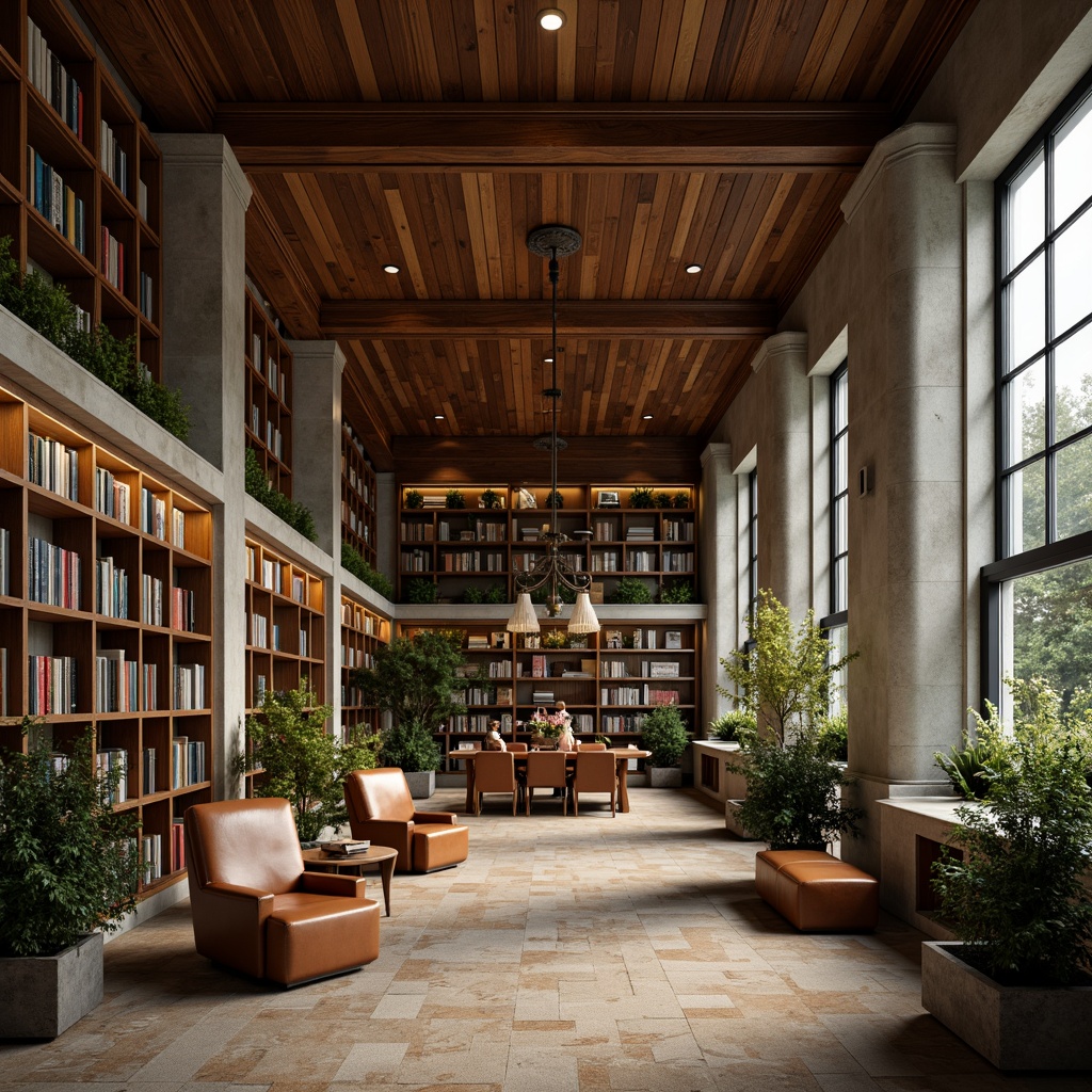 Prompt: Cozy library atmosphere, warm wooden shelves, rich leather armchairs, soft beige carpets, earthy tone walls, calming blue accents, muted greenery, natural stone columns, classic book collections, comfortable reading nooks, warm task lighting, subtle texture overlays, atmospheric mist, 1/1 composition, shallow depth of field, realistic wood textures.