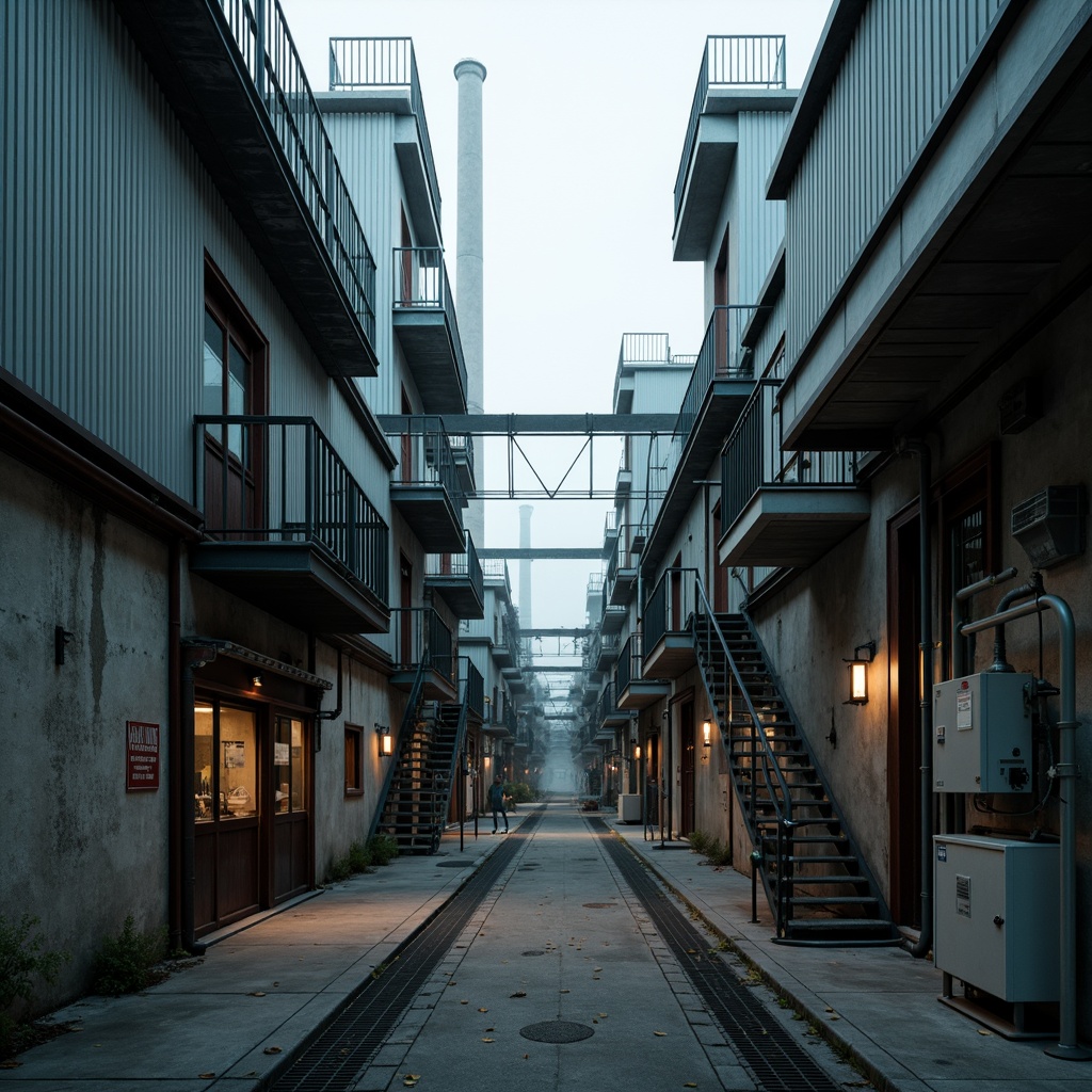 Prompt: Industrial energy plant, metallic fa\u00e7ade, steel framework, reinforced concrete structures, corrugated metal roofing, industrial pipes, mechanical equipment, electrical substations, warning signs, safety barriers, functional staircases, elevated walkways, overhead cranes, high-bay lighting, harsh industrial environment, misty atmosphere, dramatic shadows, low-angle shot, symmetrical composition, detailed textures, ambient occlusion.