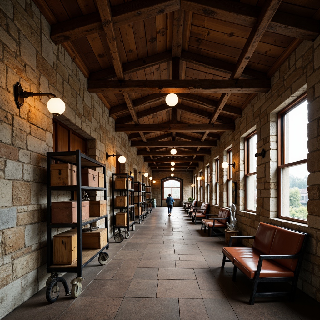 Prompt: Rustic train station, regionalism architecture, earthy tones, natural stone walls, wooden beams, industrial metal frames, vintage luggage racks, distressed leather benches, antique bronze fixtures, warm ambient lighting, soft focused photography, shallow depth of field, 2/3 composition, atmospheric perspective, realistic textures, subtle weathering effects.