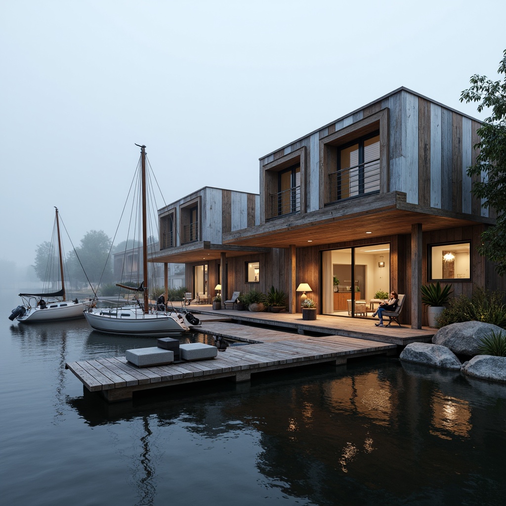 Prompt: Waterfront boathouse, rustic wooden docks, nautical ropes, sailboat masts, reflective water surfaces, misty morning atmosphere, modern minimalist facade, large glass windows, sliding doors, cantilevered roofs, overhanging eaves, reclaimed wood accents, corrugated metal cladding, weathered steel panels, industrial chic design, pendant lamps, warm cozy lighting, shallow depth of field, 2/3 composition, natural textures, ambient occlusion.