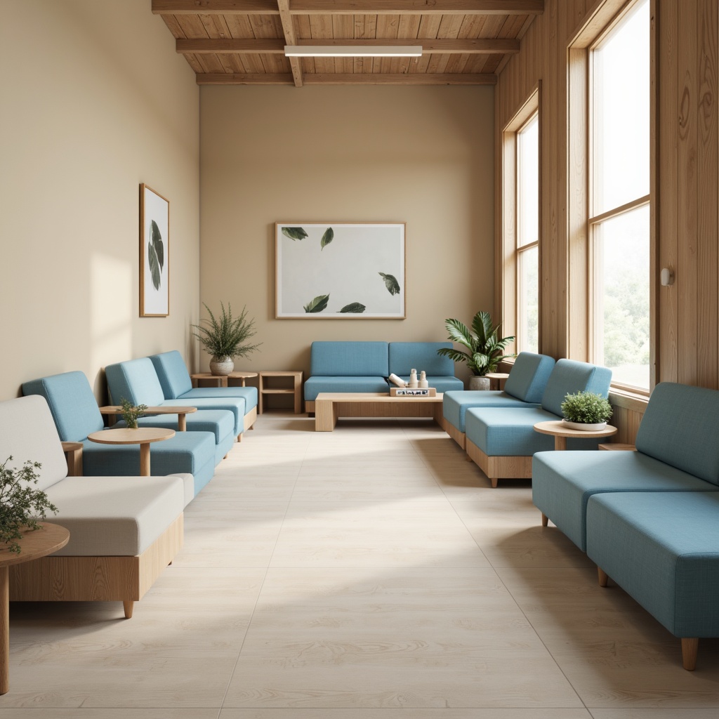 Prompt: Calm medical clinic, soothing pastel colors, gentle beige walls, serene blue accents, natural wood tones, minimal ornamentation, subtle texture contrasts, warm LED lighting, soft focus photography, shallow depth of field, 1/2 composition, realistic renderings, ambient occlusion.