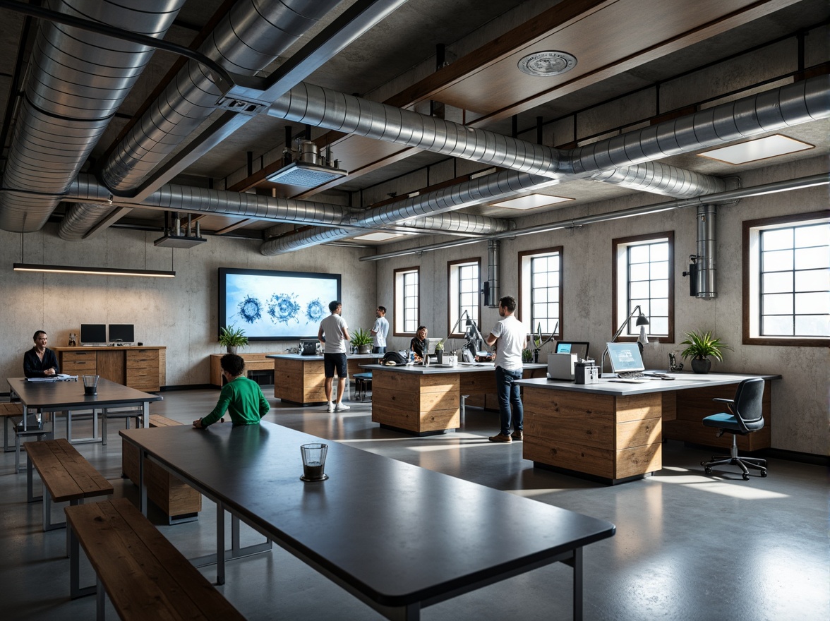 Prompt: Exposed ductwork, industrial pipes, raw concrete walls, steel beams, minimalist aesthetic, functional layout, modular furniture, ergonomic workstations, futuristic lab equipment, sleek metal countertops, reclaimed wood accents, neon signage, overhead task lighting, diffused natural light, 1/1 composition, low-angle shot, realistic textures, ambient occlusion.