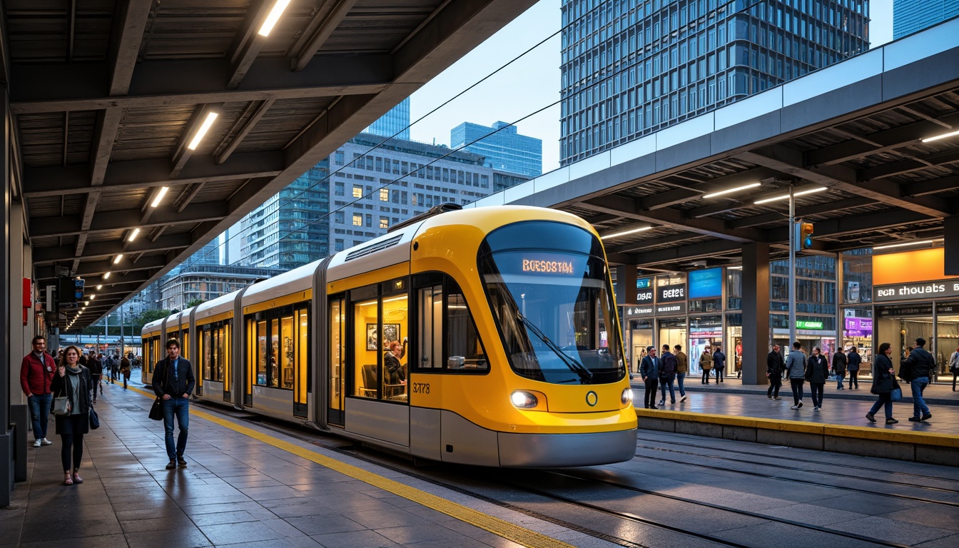 Prompt: Vibrant tram station, modern architecture, sleek metal beams, glass roofs, industrial chic atmosphere, exposed ductwork, concrete flooring, bold color scheme, bright yellow accents, deep blue tones, energetic orange hues, metallic silver surfaces, neon signage, urban landscape, bustling city streets, morning rush hour, soft natural lighting, shallow depth of field, 3/4 composition, realistic textures, ambient occlusion.