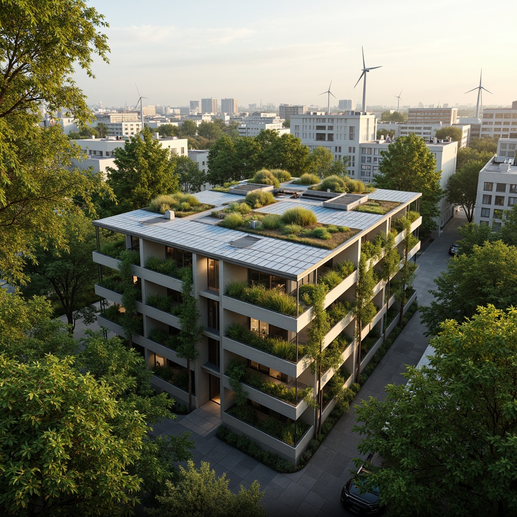 Prompt: Eco-friendly building, green roofs, solar panels, wind turbines, water conservation systems, recycled materials, natural ventilation, minimal waste generation, energy-efficient appliances, sustainable urban planning, vibrant green walls, living roofs, organic gardens, serene natural ambiance, soft warm lighting, 3/4 composition, panoramic view, realistic textures, ambient occlusion.