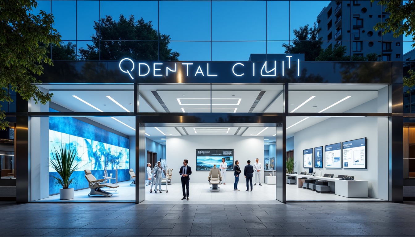 Prompt: Futuristic dental clinic, gleaming metallic facade, angular lines, neon-lit signage, sleek glass surfaces, minimalist entrance, automatic sliding doors, modern LED lighting, sterile white interiors, high-tech equipment displays, holographic projections, futuristic dentist chairs, robotic assistants, virtual reality relaxation areas, calming ambient sounds, soft blue lighting, shallow depth of field, 3/4 composition, panoramic view, realistic textures, ambient occlusion.