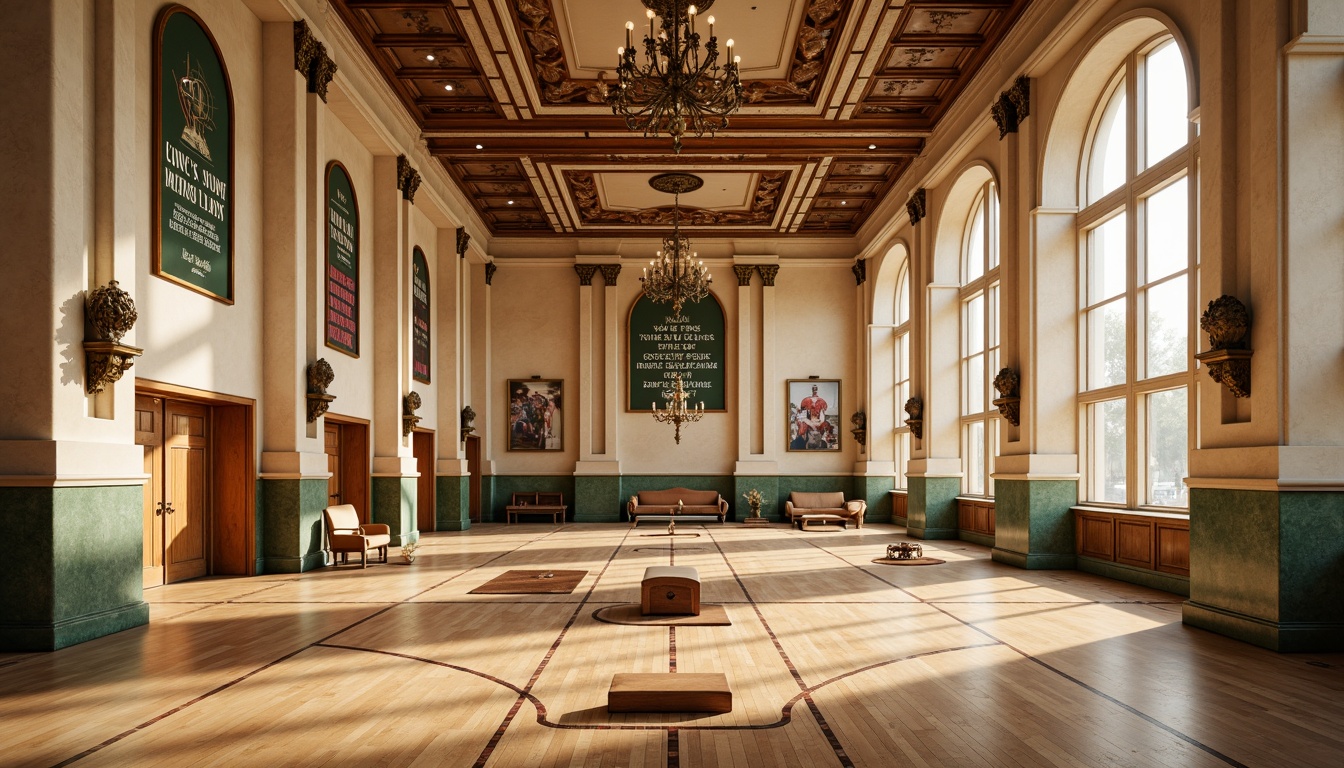 Prompt: Grandiose gymnasium, neoclassical architecture, cream-colored marble columns, ornate bronze details, warm beige walls, rich wooden flooring, vintage athletic equipment, antique trophies, elegant chandeliers, soft natural light, subtle shadows, 1/1 composition, realistic textures, ambient occlusion, vibrant colors, bold typography, inspirational quotes, motivational murals, dynamic sports scenes, energetic atmosphere.