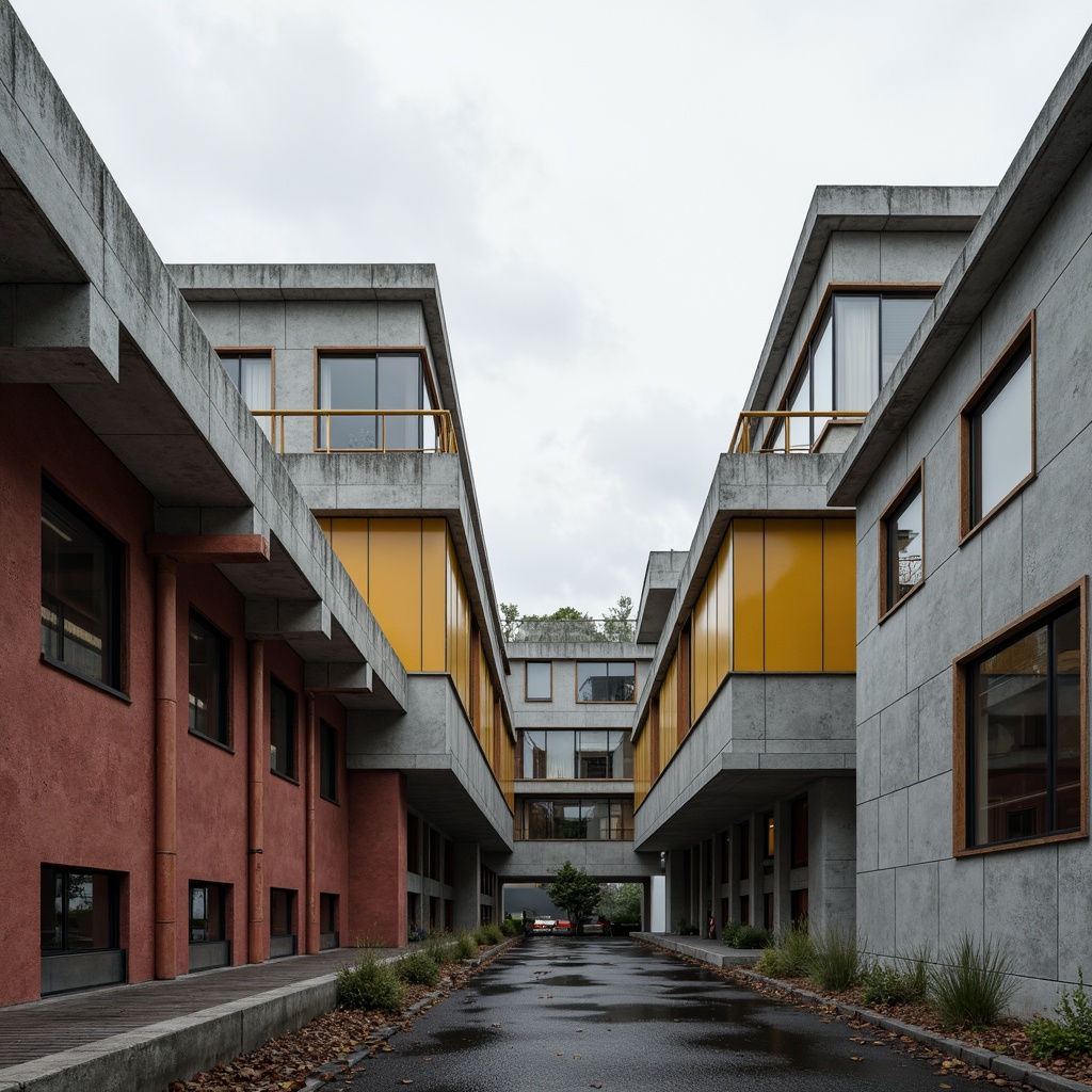 Prompt: Geometric buildings, industrial materials, textured surfaces, bold color blocks, asymmetrical compositions, clean lines, minimal ornaments, functional simplicity, rectangular forms, flat roofs, steel beams, concrete walls, glass windows, mechanical pipes, urban landscape, cloudy sky, soft diffused lighting, high contrast ratio, 2/3 composition, symmetrical framing, realistic renderings, ambient occlusion.